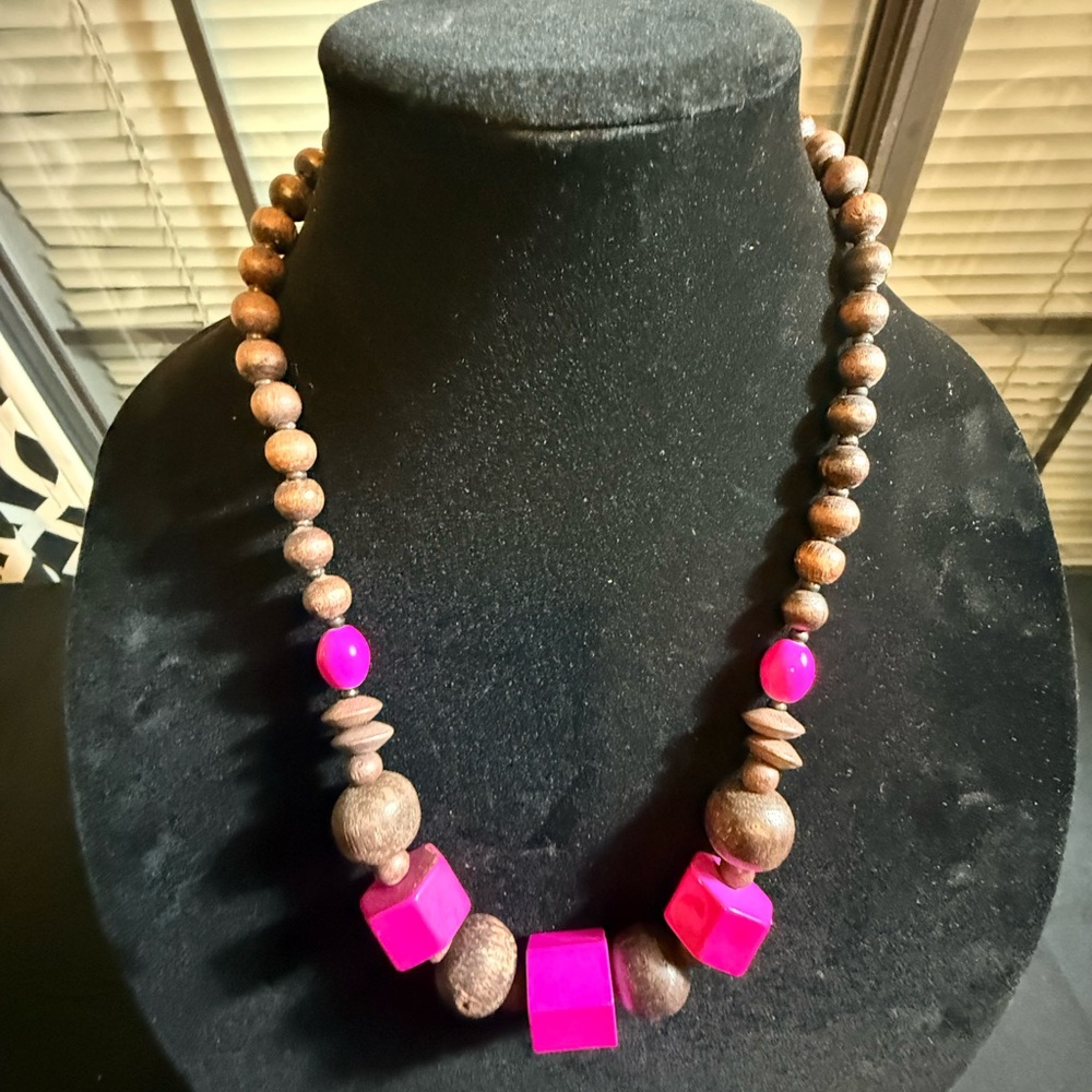Bold Fuchsia and Wood Bead Statement Necklace